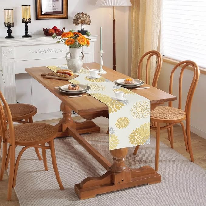 Yellow Gray Table Runner Dahlia Pinnata Flower Beige Table Runners Modern Elegant Pompon Farmhouse Geometric Table Center Decor for Home Dining Party Entrance (13 x 36 Inch)