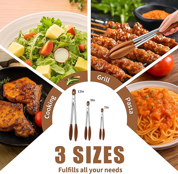 Wooden Tongs Set Of 3 (7", 9", 12"), Stainless Steel BBQ Tongs For Cooking, Frying, Grilling And Salad, Heat Resistant, Non-Slip, Heavy Duty (3 PACK)