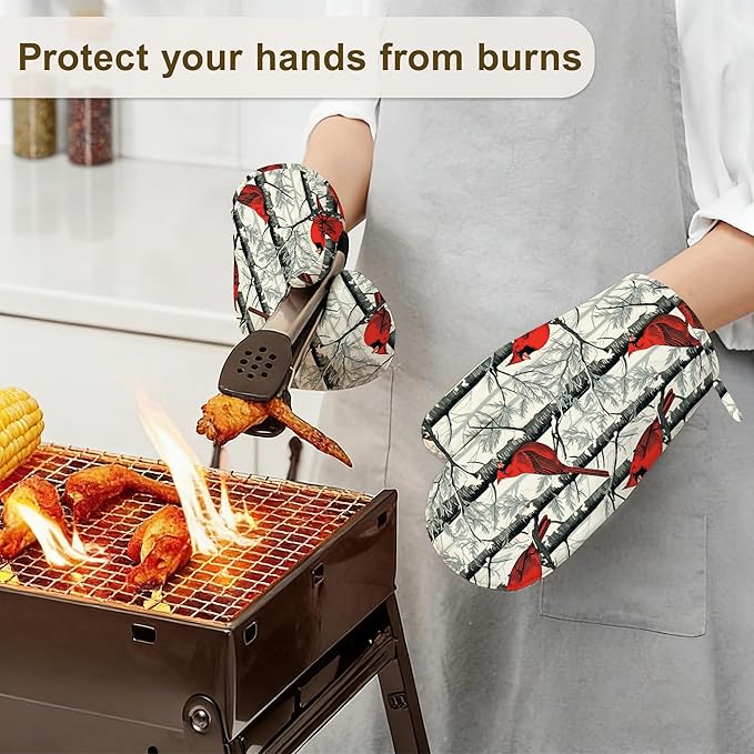 Red Cardinal Birds Oven Mitts and Pot Holders Set of 4,Kitchen Glove Heat Resistant Oven Mitts with Non-Slip Silicone for Baking, Cooking, BBQ