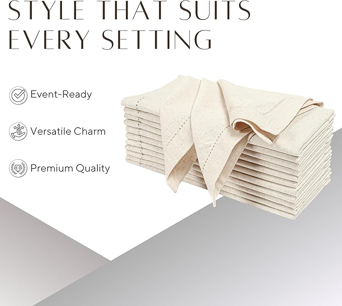 Ramanta Home Decorative Cloth Dinner Napkins Set of 4, 20x20 Inch Natural Hemstitched Flax Cotton Napkins with Mitered Corners, Oversized Use, Parties, Weddings, Spring, Easter Cloth Napkins