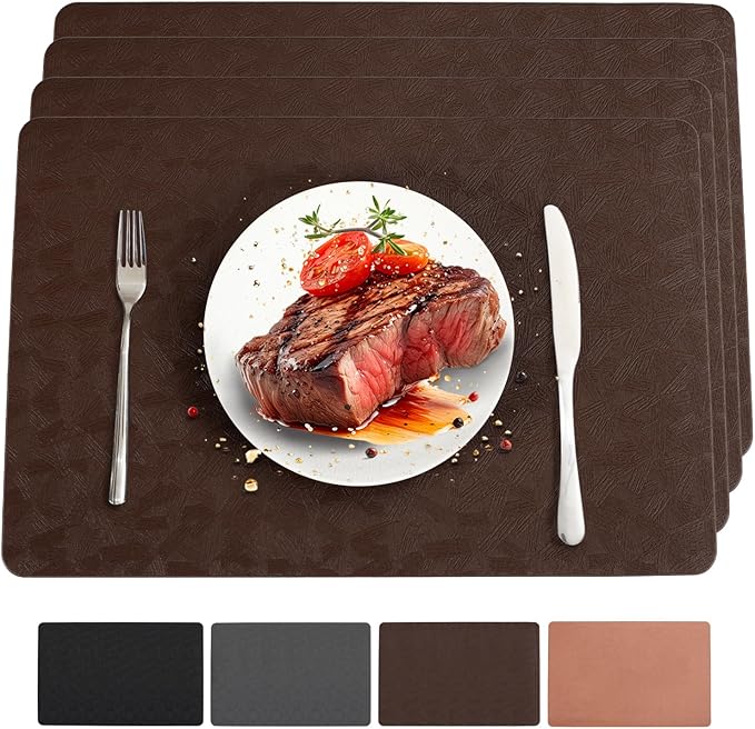 Vinyl Placemats Set of 4 Heat Resistant Easy Clean Non-Slip Place Mats for Dining Table Faux Leather Waterproof Stain Resistant Wipeable Washable PVC Table Mats(4, Brown)