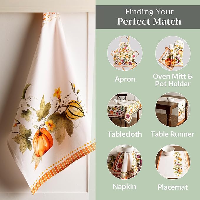 Maison d' Hermine Kitchen Towels Set of 3 100% Cotton 20" x 27.5" Reusable Cloth Tea Dish Towels Absorbent with Hanging Loop for Thanksgiving Christmas Decorations (Pumpkin Garden - Cloudy Cream)