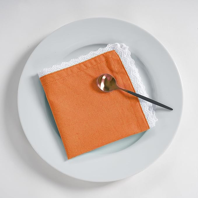 Fingercraft Dinner Cloth Napkin Cotton Linen Blend 12 Pack 12In Mitered Corners with Elegant Lace for Everyday Use Napkins Cloth are Pre Shrunk and Good Absorbency Rust Easter Color