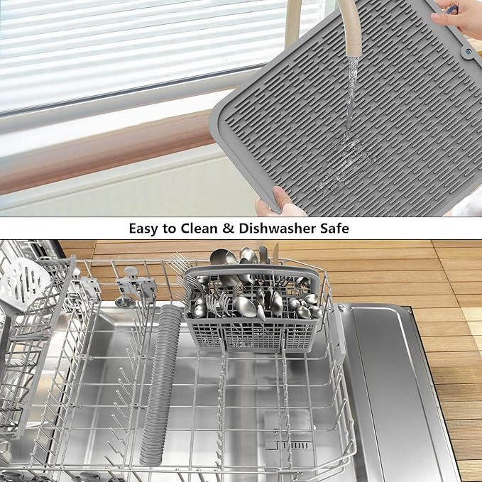 ZLR 2 Pcs Large Silicone Dish Drying Mat (16" x 18") - XL Heavy Duty Drainboard Mat for Pots, Pans & Family Loads - Heat Resistant Trivet & Counter Protector, Easy Clean (Dark Gray)