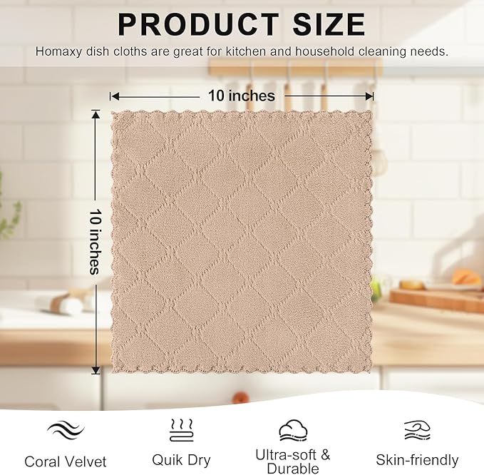 Homaxy 24 Pack Kitchen Dish Cloths (10 x 10 Inches, Tan), Super Soft and Absorbent Coral Velvet Dish Towels, Nonstick Oil Fast Drying Microfiber Cleaning Cloth, No Lint Household Dishcloths