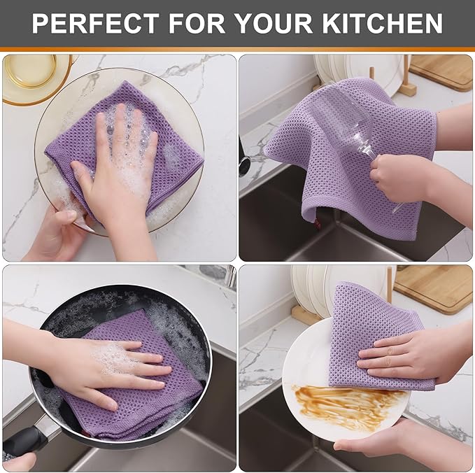 Kitinjoy 100% Cotton Kitchen Dish Cloths (12 X 12 Inches, Lavender), 12 Pack Waffle Weave Ultra Soft Absorbent Dish Towels for Drying Dishes Quick Drying Kitchen Towels Dish Rags