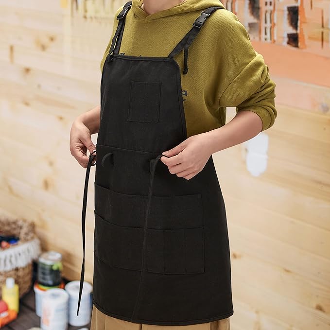 MyLifeUNIT Artist Apron, Adjustable Painting Apron with 10 Pockets for Arts and Craft, Black Canvas Pottery Apron for Women Men (Shoulder Straps Apron)