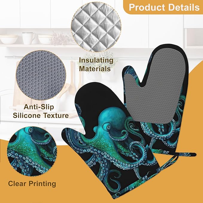 Oven Mitts and Pot Holders Green Octopus Silicone Kitchen Accessories Set of 4 Heat Resistant Gloves Potholder Non-Slip Grip for Chef Cooking Baking Grilling BBQ