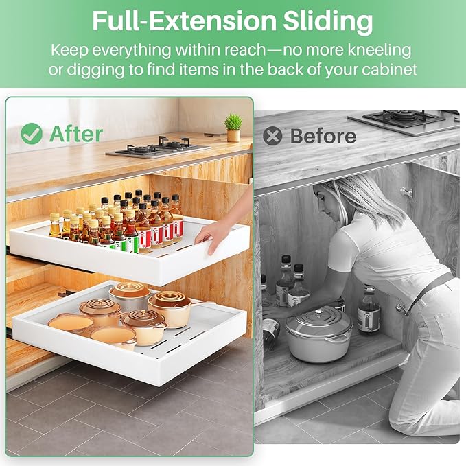 2Pack Pull out Cabinet Organizer, 21"Deep, Heavy Duty Full-extension Slide out Drawers for Kitchen Cabinet, Roll out Shelf Storage with Nano Adhesive for Pots, Bathroom, Pantry, Home, White