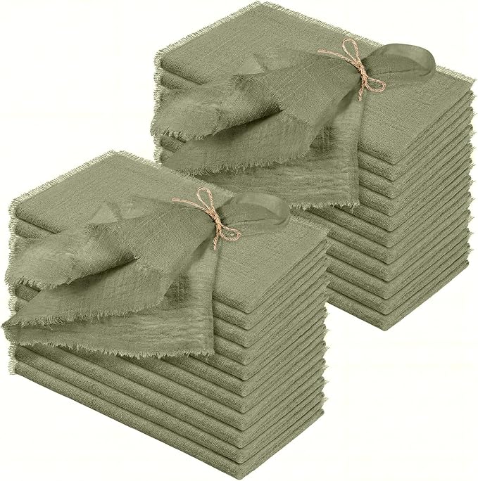 Preboun 24 Pcs Fringe Napkins Bulk Cloth Cotton Soft 17 x 17 Inch Rustic Reusable Washable Festive Square Table Napkins with Fringe for Parties Wedding Restaurant Table Accessory (Olive Green)