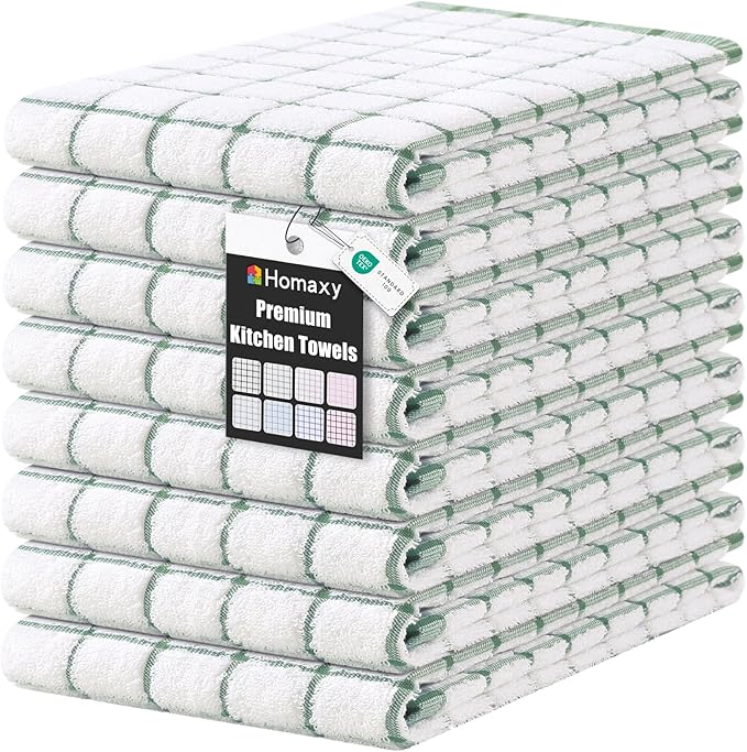 Homaxy Premium Kitchen Towels(16”x 28”, 8 Pack), Large Ring Spun Cotton Dish Towels, Super Absorbent Soft Terry Kitchen Hand Towels, Check Design Tea Towel Set with Hanging Loop, Grass Green