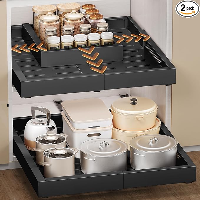 2 Pack Pull Out Cabinet Organizer, Drawers Slide Out Expandable Width (12"-19") and Depth (17"-23") With 3 Slides, Fixed with Adhesive Film and Nail for Cabinets in Kitchen, Pantry or Bathroom - Black