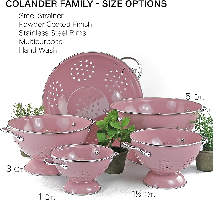 Reston Lloyd, 3 Quart Powder Coated Steel Kitchen Strainer Basket for draining Pasta, Vegetable and Fruit, Chrome Handles and Wide Stable Base, Pink