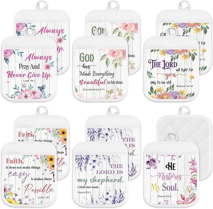 LemonRoad 12 Pcs Mother's Day Church Gifts Bulk Religious Christian Pot Holders with Pocket Mom Gifts Wildflowers Floral Gloves Pads Bible Verse Scripture Oven Mitts for Women Kitchen Baking Supplies