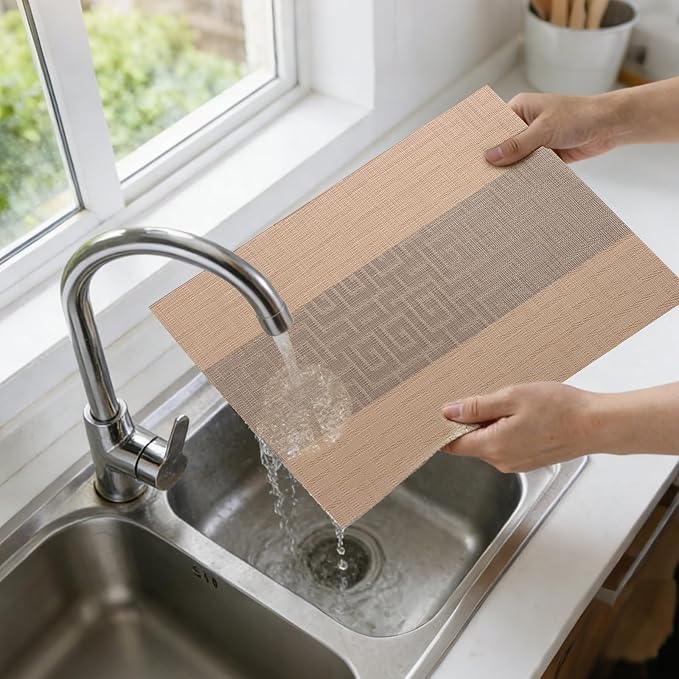 Timeet Placemats Set of 8, Heat Resistant Non-Slip Place Mats for Dining Table, Durable Washable PVC Vinyl Woven Table Mats, Resistant Kitchen Placemats Easy to Clean(Beige & Gray