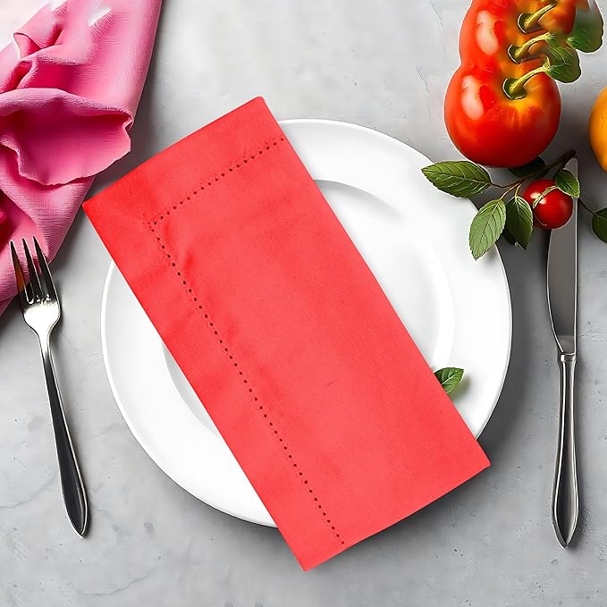 Urban Villa Cloth Napkins Set of 12 20"x20" 100% Cotton Hemstitch Napkins Cloth Washable Durable Reusable Absorbent Table Dinner Napkins Cloth for Christmas Hotel Lunch Restaurant Weddings Parties–Red