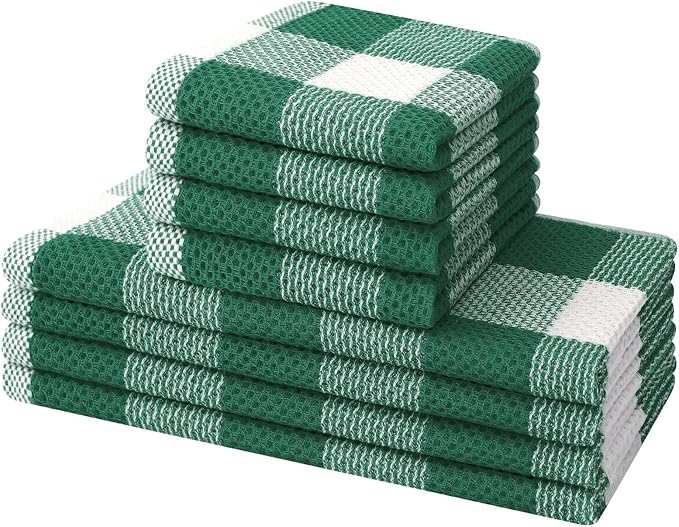 Mordimy Kitchen Towels and Dish Cloths Set, 28 X 13 Inch and 12 X 12 Inch, Set of 8 Soft and Super Absorbent Dish Towels for Drying Dishes, Dark Green & White