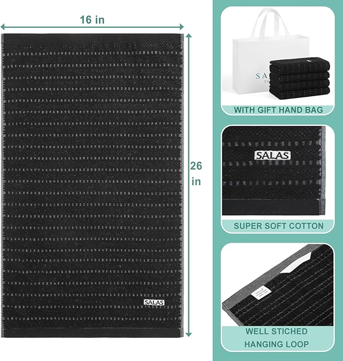 SALAS Kitchen Dish Towels, Bulk Cotton Kitchen Hand Towels, 390 GMS Plaid Dish Cloths Rags for Drying Dishes with Hanging Loop, 16‘’ x 26‘’, 4 Packs, Black