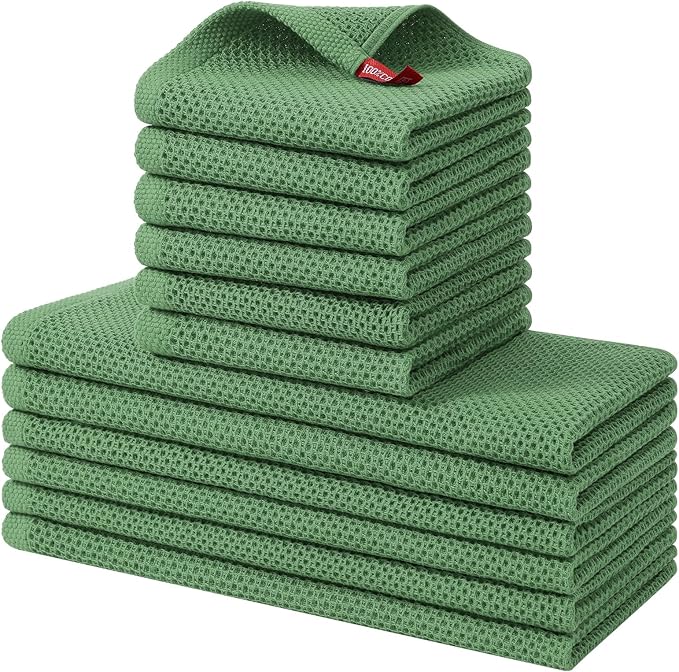 Kitinjoy 100% Cotton Kitchen Towels and Dishcloths Set, 12 Pack-13" x 28" and 12" x 12" Waffle Weave Dish Towels, Ultra Soft Absorbent Quick Drying Dish Rags, Grass Green