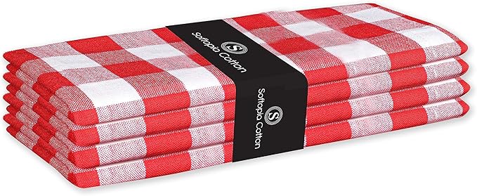 Cloth Napkin 100% Cotton 18"x18" Decorative Gingham Buffalo Check Plaid Washable Table Napkins Set of 4 for Dining, Holidays, Buffet Parties & Wedding Use - Red White