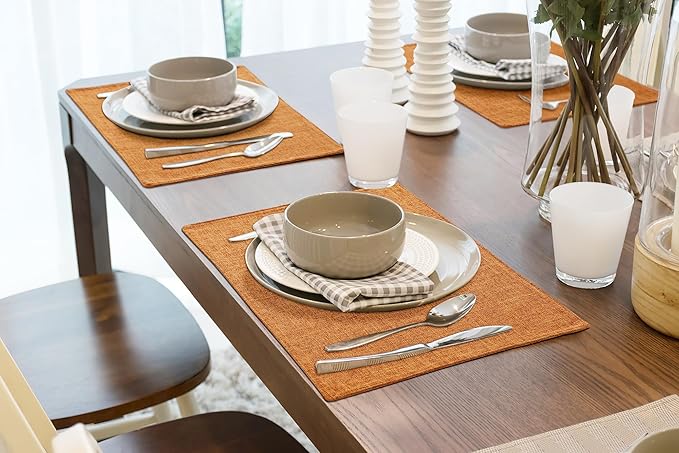 homing Cotton Linen Placemats Set of 6, Cloth Washable Farmhouse Dining Table Mats for Indoors & Outdoors, Easy to Clean, Orange, 13 x 19 Inch