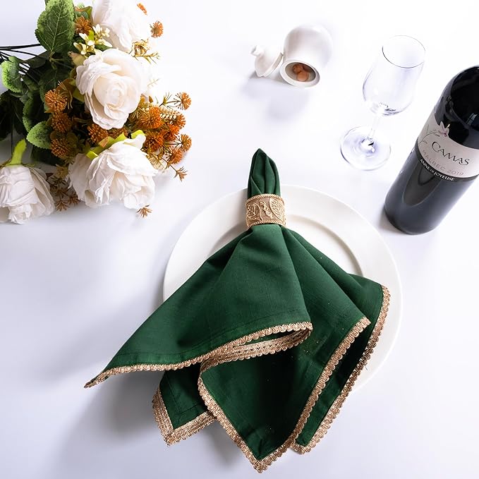 FINGERCRAFT Dinner Cloth Napkin Cotton Blend 12 Pack Mitered Corners with Elegant Golden Lace for Everyday Use Napkins are Pre Shrunk and Good Absorbency Wedding Christmas Special Color Eden Green