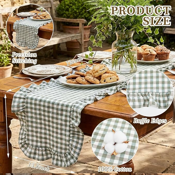 HunnmingRe 1 Pcs Green Plaid Gingham Ruffle Table Runner 72 x 13.8'' Farmhouse Table Runner 100% Cotton Scalloped Long Dresser Scarves for Dining Room, Wedding, Kitchen Rustic Home Decor