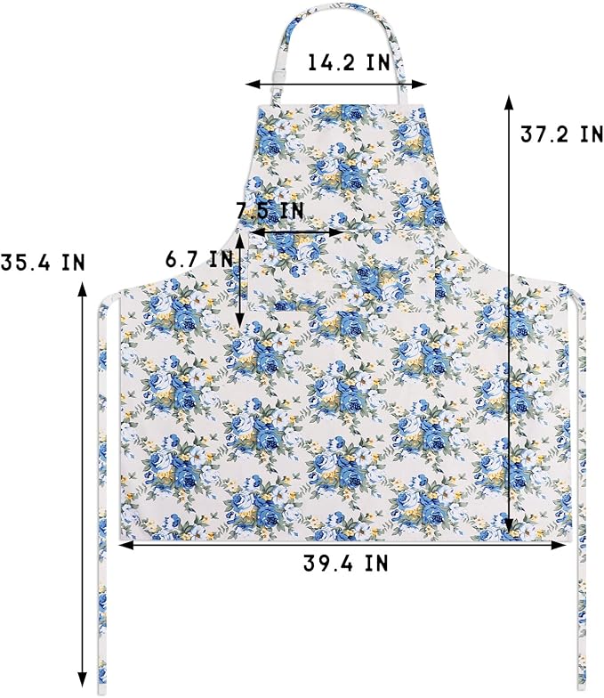 Sanlykate Extra Large Canvas Cotton Apron for Men & Women, Plus Size Durable Aprons with 2 Pockets, Adjustable Bib Machine Washable Oversized Aprons for Baking, Cooking, Painting - Blue Rose