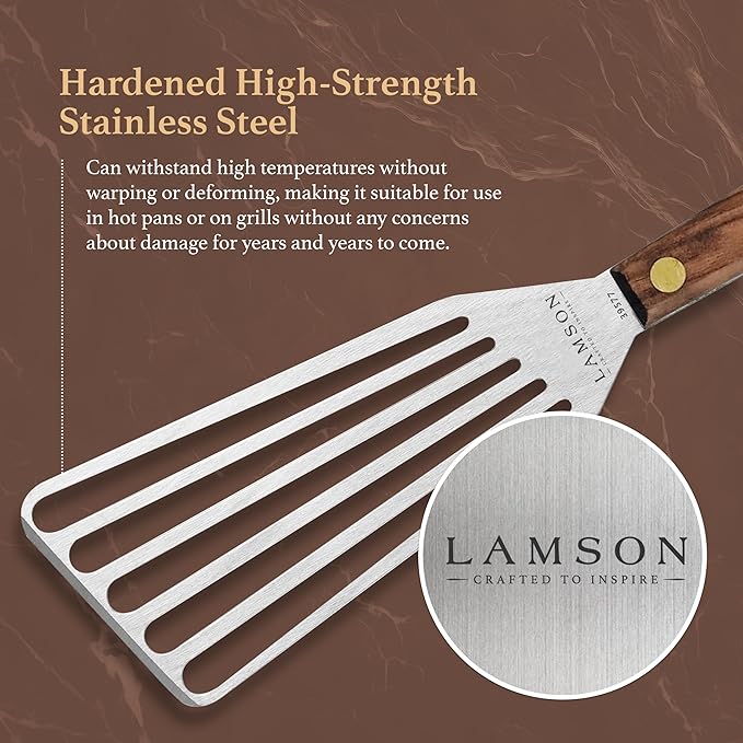 Lamson Metal Spatula Slotted Turner - 3' x 6" Stainless Flipper with Walnut Handle, Right-Hand - Chef's Frying Fish Turner, Metal Grilling Spatula
