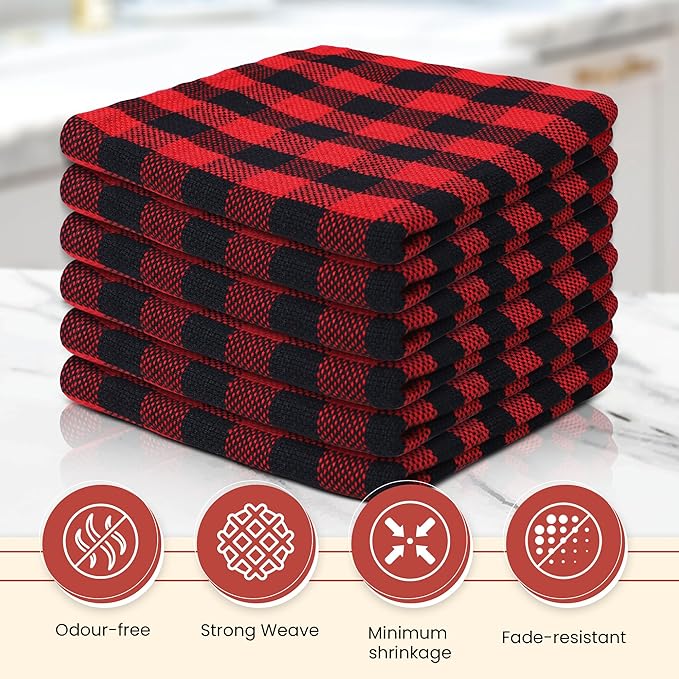 Vintage Vista 100% Cotton Dish Cloths (Pack of 6) - Dish Rags for Washing Dishes - Reusable & Highly Absorbent Kitchen Towels - Kitchen Rags fo Easter - (12" x 12" - Black & Red Checkered)