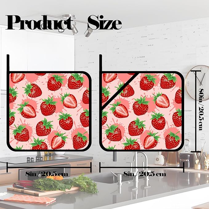 Cute Pink Cartoon Strawberry Pot Holders 2 PCS,Kitchen Heat Resistant Hot Pads for Cooking Grilling Baking BBQ, Pot Holders for Women Cook Home Microwave