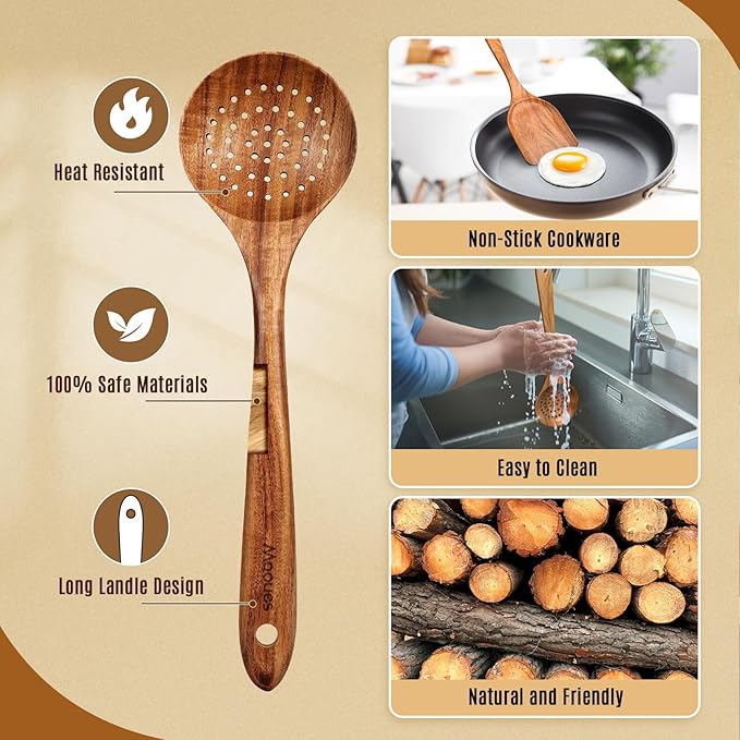 Wooden Spoons for Cooking, Wooden Utensils for Cooking Natural Teak Wooden Kitchen Utensils Set Comfort Grip(5 PCS SET)