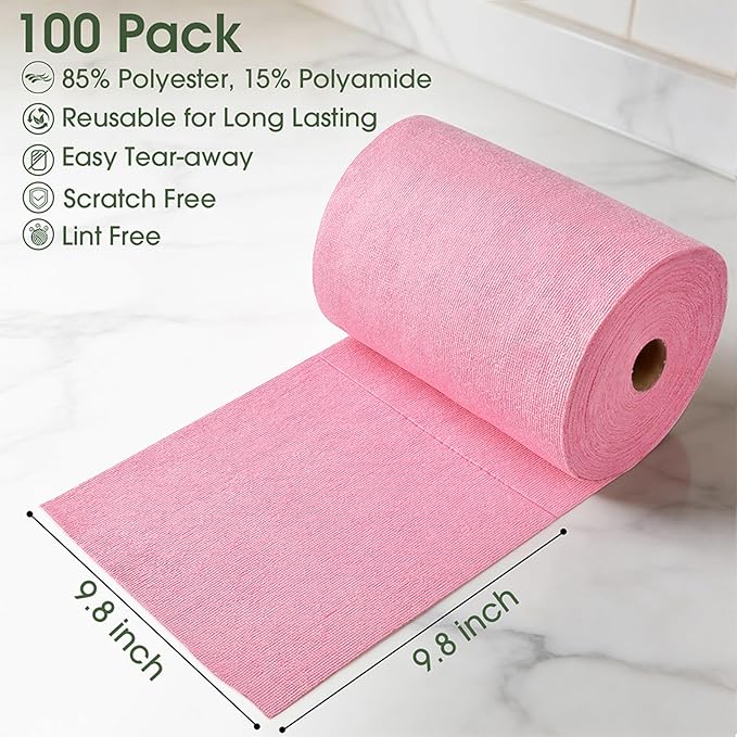 Microfiber Cleaning Cloth Roll - 100 Pack Tear Away Microfiber Paper Towels, Reusable, Washable, Scratch-Free, Kitchen Towels for Car, Home, Kitchen, Glass, Dishes(Pink)
