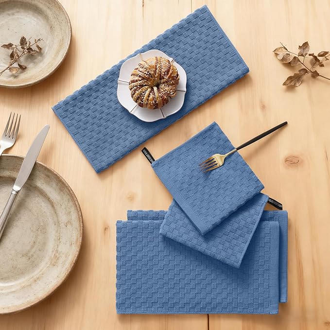 Homaxy 100% Cotton Kitchen Towels and Dishcloths Set, 12 x 12 & 15 x 25 Inches, Set of 12 Bulk Terry Cloth Dish Towels, Super Soft and Absorbent Hand Towel with Hanging Loop, Navy Blue