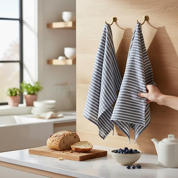 Eight Owls Stonewashed Linen Kitchen Dish Towels - 20 x 27 inch – 100% Pure Linen Tea Towel/Hand Towel - Set of 2 (Navy Stripe)