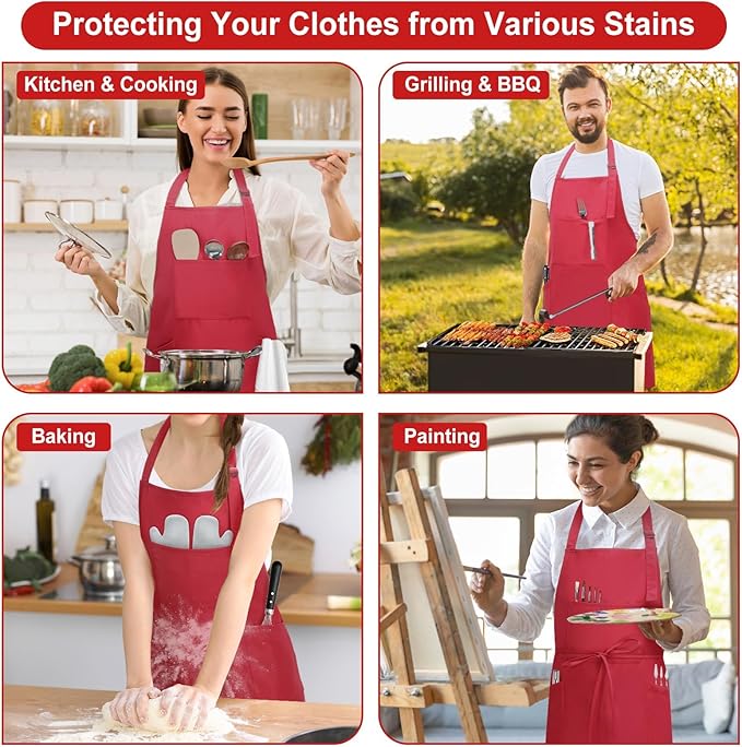 SHEOMERN 3 Pcs Dual Waterproof Oilproof Kitchen Chef Aprons with 4 Pockets for Men Women, Adjustable Soft Anti-Tear Cooking Bib Apron for Baking Grilling BBQ Painting Cleaning (Red)