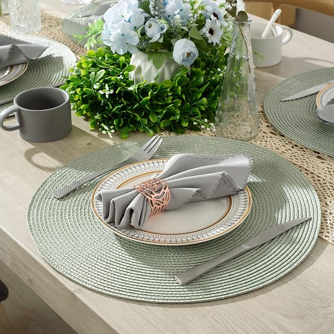 AHHFSMEI Round Placemats Set of 8 Heat Resistant Washable Non-Slip Woven Braided Table Mats for Dining Table Kitchen & Home Decor (Sage Green,8)