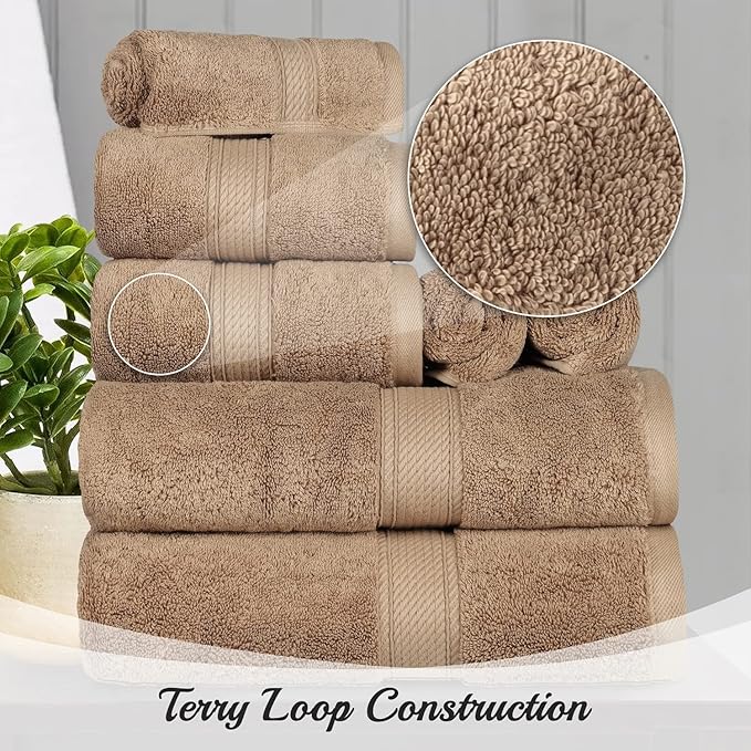 Superior Egyptian Cotton Pile 8 Piece Towel Set, Includes 2 Bath, 2 Hand, 4 Face Towels/ Washcloths, Ultra Soft Luxury Towels, Thick Plush Essentials, Guest Bath, Spa, Hotel Bathroom, Latte