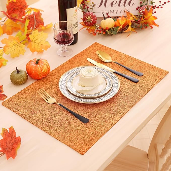 Homaxy Cloths Placemats for Dining Table Set of 8, Heat Resistant Washable Cotton Linen Blend Table Mats, Easy to Clean Place Mats for Indoor Outdoor Party Kitchen Decoration, 13" x 19", Orange