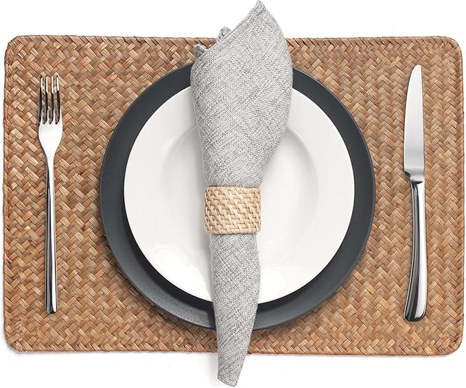 8 Pack Rectangular Woven Placemats, Rattan Wicker Table Mats, 17" x 12", Natural Seagrass Place Mats for Dining Table