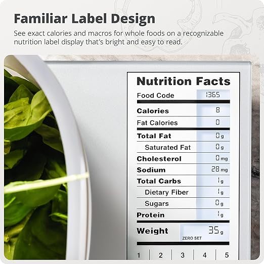 Greater Goods Food Scale with Nutrition Calculator, Non Connected Calorie Scale for Meal Prep, Weight Loss, 2000 Pre-Loaded Food Codes, Compact Kitchen Scale, Battery Operated, 11lb Capacity, Silver