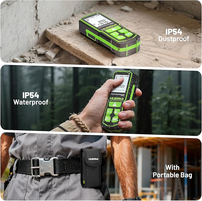 Huepar 330Ft Green Laser Measurement Tool with APP Control, Rechargeable Bluetooth Distance Meter ±1/16" High Accuracy, Angle Sensor, Multiple Modes, IP54 Waterproof Durable for Home & Construction