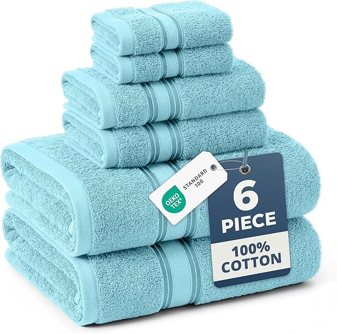 LANE LINEN Luxury Bath Towel Set - 6 Piece Set, 100% Cotton Bathroom Towel, Zero Twist, Quick Dry Shower Towels, Extra Soft Absorbent, 2 Bath, 2 Hand, 2 Wash Cloths - Blue
