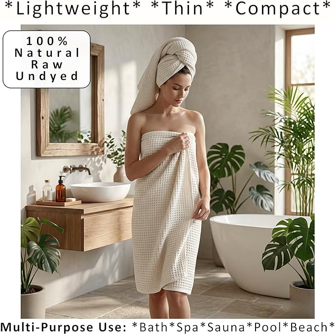 PÜSKÜL Undyed-Raw Waffle Bath Towels Set of 2-Piece | Organic Natural 100% Turkish Cotton Towel | Premium Quality Body Towels for Bathroom & Sauna | 32x63 inch Large Bath Sheet | Earthy Spa Experience