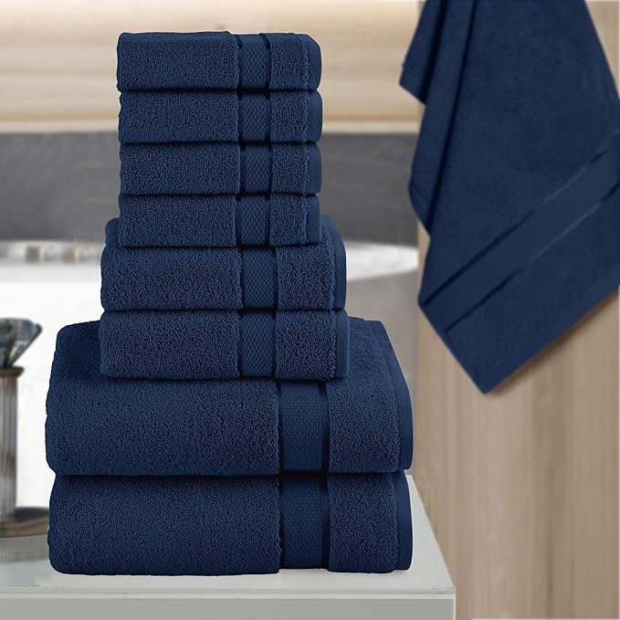 Elegant Comfort Premium Cotton 8-Piece Towel Set, Includes 4 Washcloths, 2 Hand Towels and 2 Bath Towels, 100% Turkish Cotton - Highly Absorbent and Super Soft Towels for Bathroom, Navy