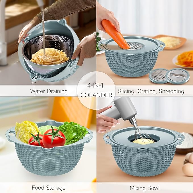 4-1 Strainer with Bowl & Spoons Set - Strainers and Colanders(Patented) - Colanders for kitchen - Food Strainer with New Upgraded Graters & Spoons - Fruit Bowl for Pasta Fruits Veggie- Blue