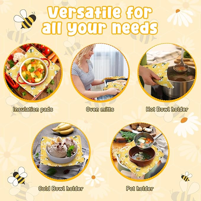 Cunhill 4 Pcs Cotton Microwave Bowl Cozy Holders for Hot Food Hot Pads Soup Bowl Potholders Heat Resistant Multipurpose Quilted Safe Holders for Kitchen Plate Supply(Bright Yellow,Bee Style)