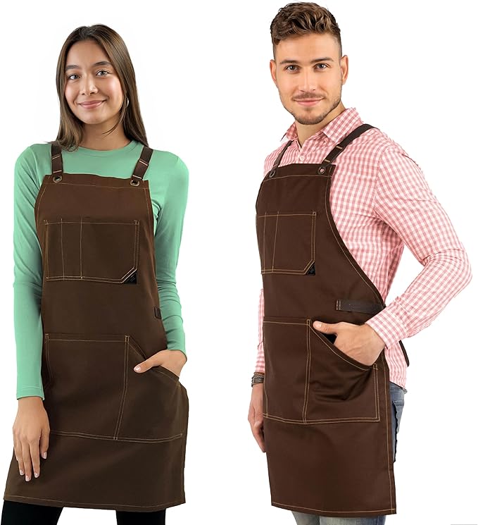 Under NY Sky Essential Chocolate Brown Apron – Cross-Back with Durable Twill and Leather Reinforcement, Adjustable for Men and Women – Pro Chef, Tattoo Artist, Baker, Barista, Bartender, Server Aprons