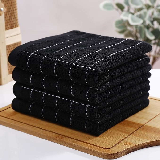 Homaxy 100% Cotton Terry Kitchen Towels(Black, 13 x 28 inches), Checkered Designed, Soft and Super Absorbent Dish Towels, 24 Pack