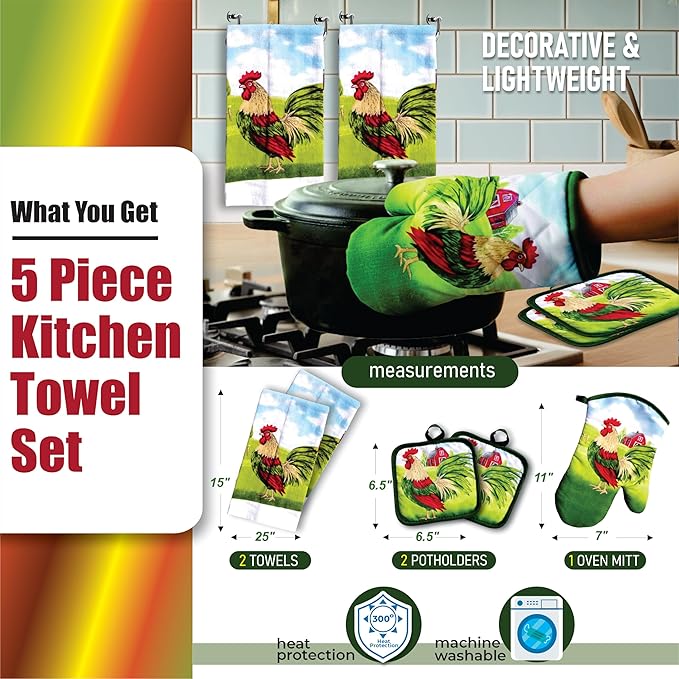 Lobyn Value Packs: 5-Piece Country Kitchen Towel Set – Proud Rooster & Red Barn Motif, 2 Lightweight Terry Cloth Dish Towels (25 X 15) Quilted Oven Mitt (11 X 7) & 2 Potholders (6.5 X 6.5)